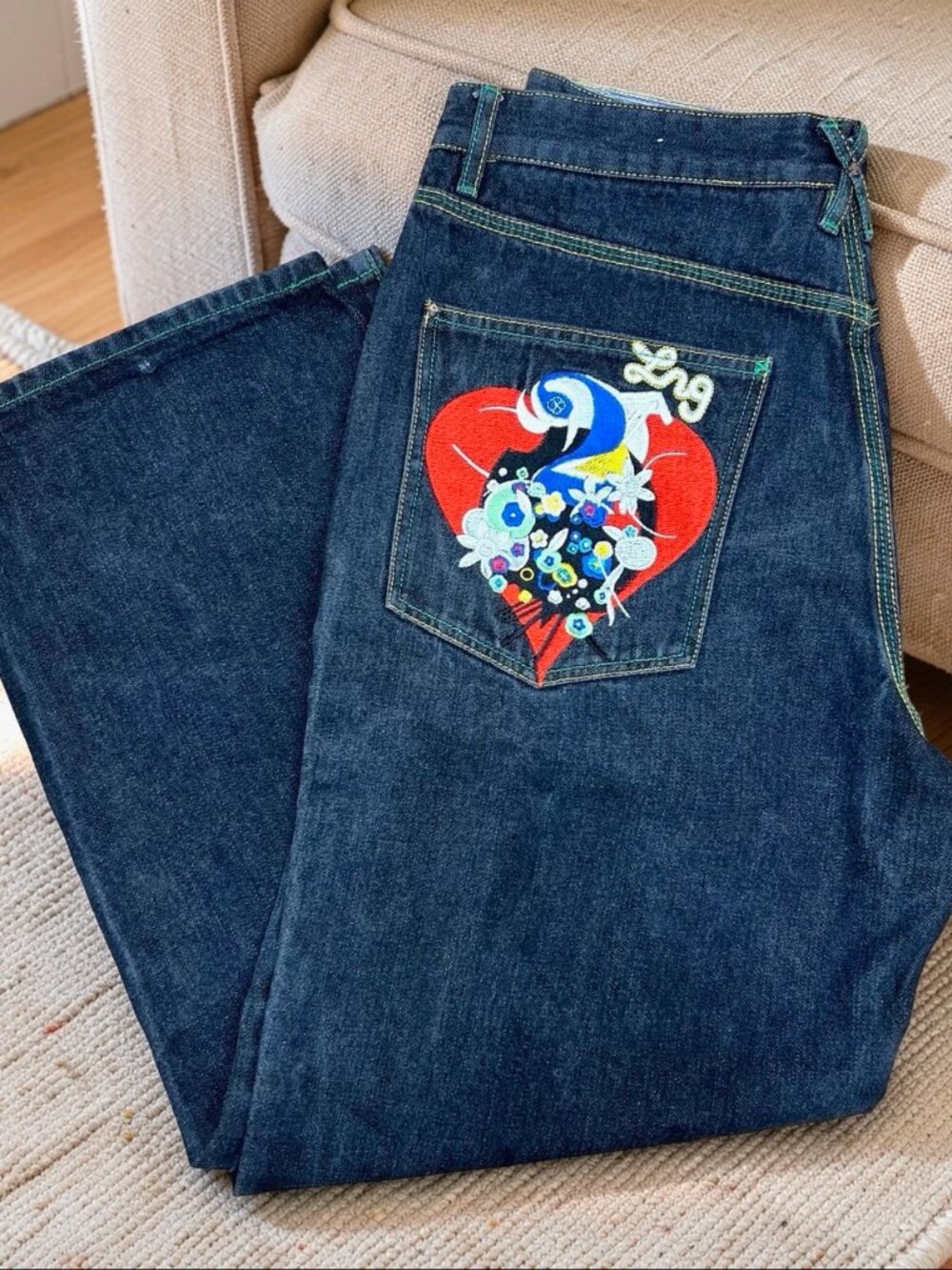 RARE!  Embroidered Love Heart RG Lifted Research Group Mens  Indigo Denim 36"x30 - Picture 3 of 16
